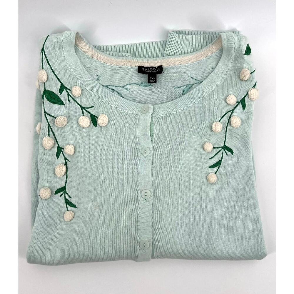 Talbots Floral Embroidered Cardigan Sweater Size 2Xp Mint Green Pom Pom Detail - Picture 12 of 12